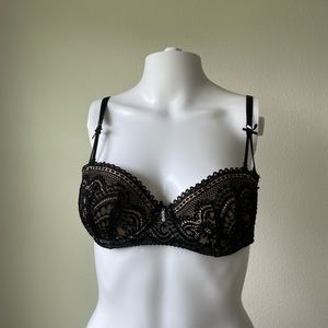 Black tan lace mesh bra with rhinestone